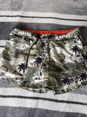 H&M Olive and Black Tropical Print Swim Shorts with Orange Waist Lining